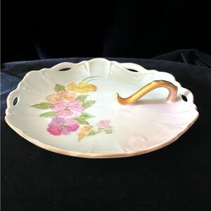 Floral Porcelain Serving Plate with Gold Handle
